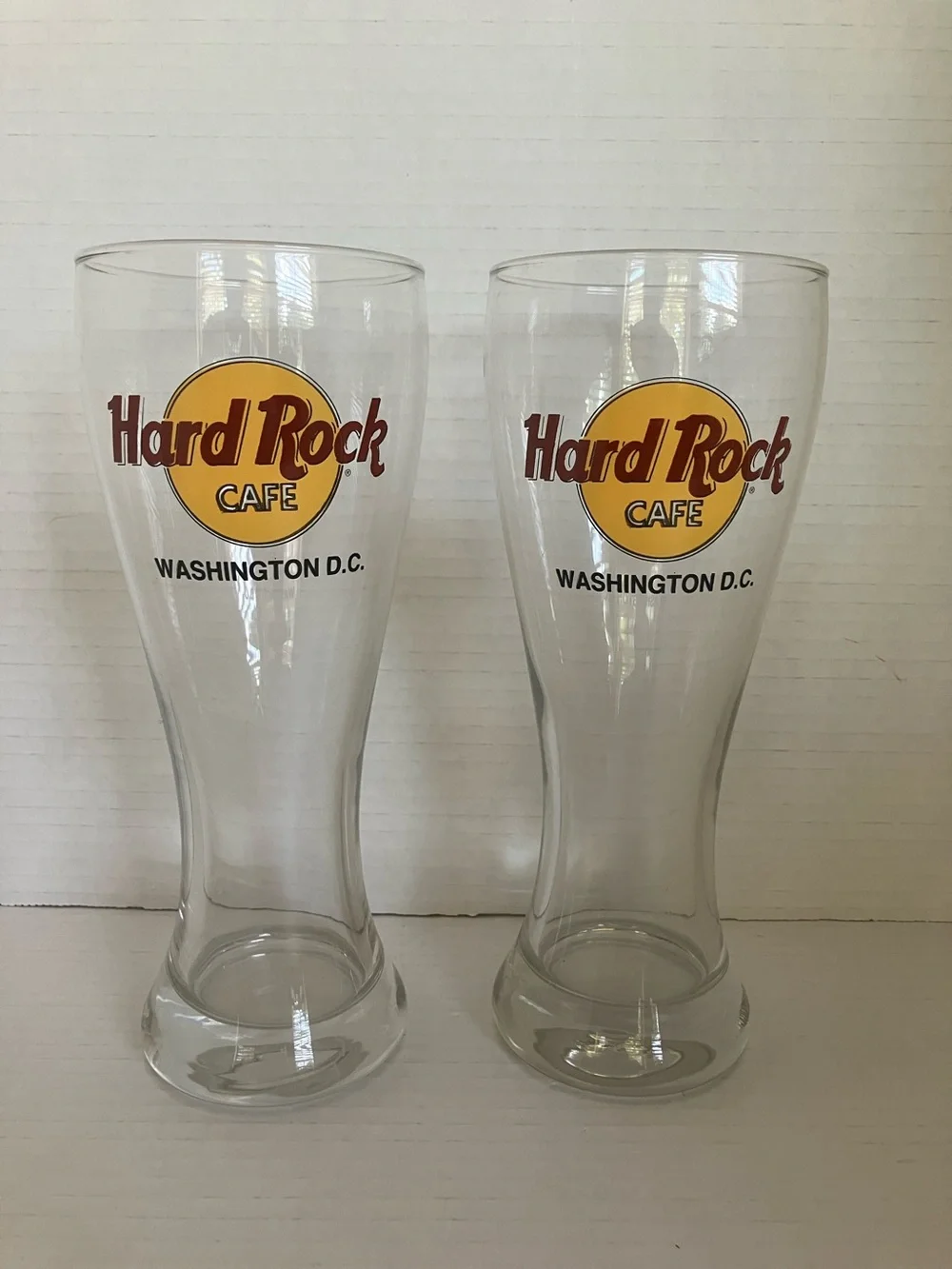 2 Hard Rock Cafe Clear Pint Glasses with Yellow and Brown Logo - Washington D.C.